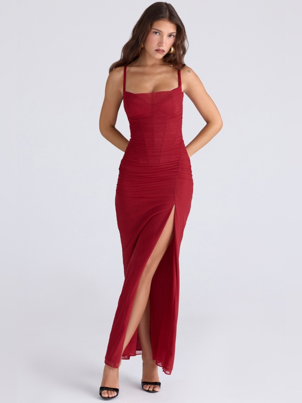 House of Cb LINI Deep Red Stretch Mesh Corset Maxi Dress Size M NWOT - Picture 5 of 11